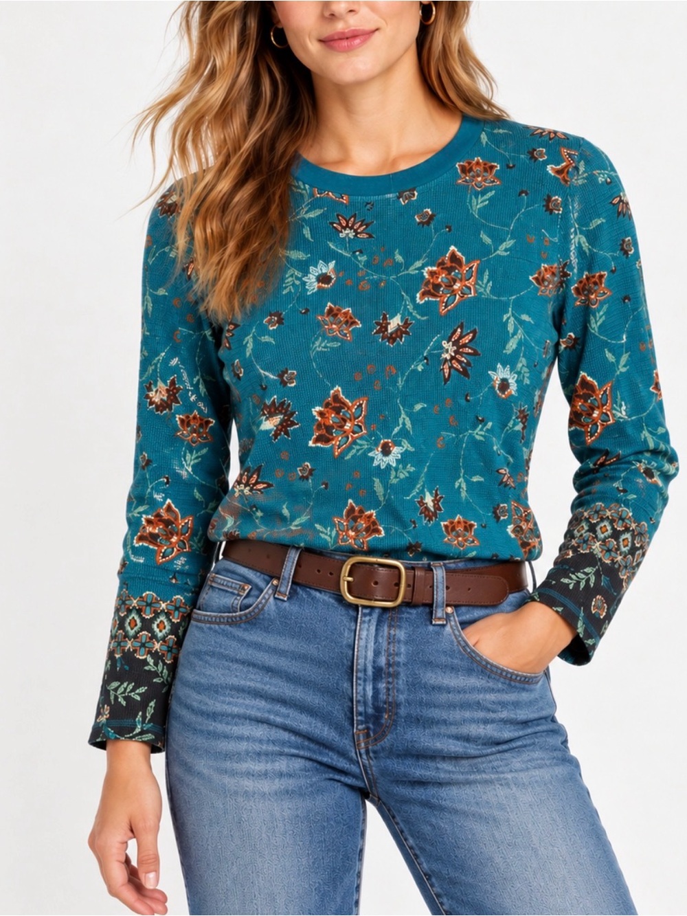 Sundance Teal Floral Print Waffle Knit Long Sleeve Top PM